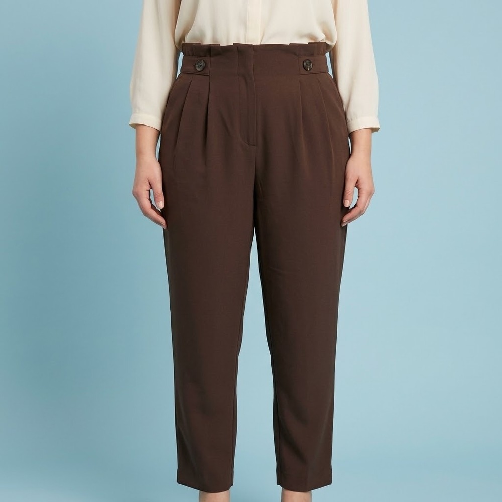 HM High Waist Pleated Trousers Womens 12 Brown Button Accent Dress Pants